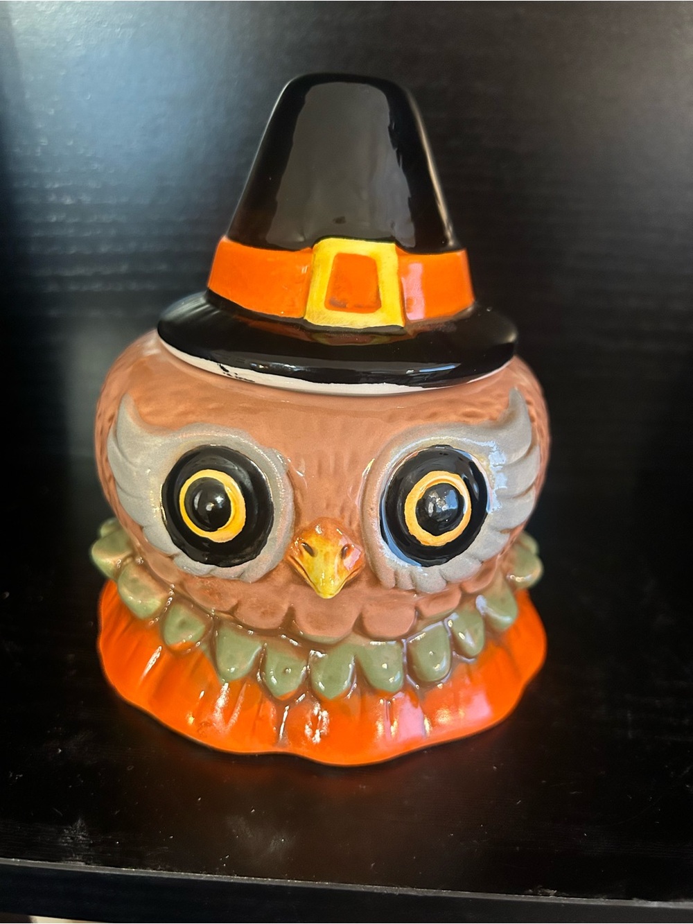 Festive Ceramic Owl Figurine in Orange and Brown with Black Hat